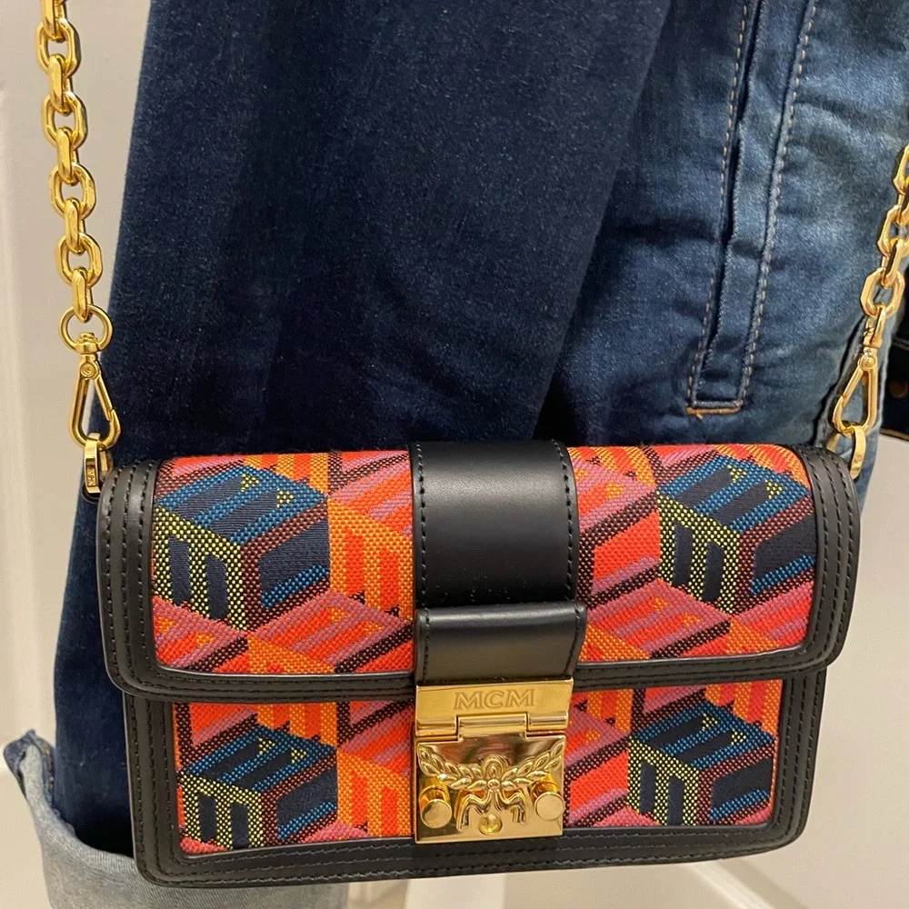 MCM Gretl Cubic Logo Jacquard/Leather Crossbody - Picture 3 of 11